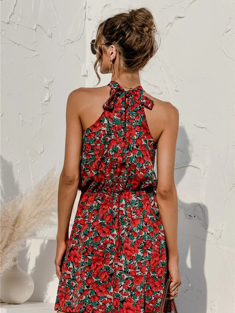 Floral Halter Leopard Print Slim Short Dress Sleeveless Strapless Dress