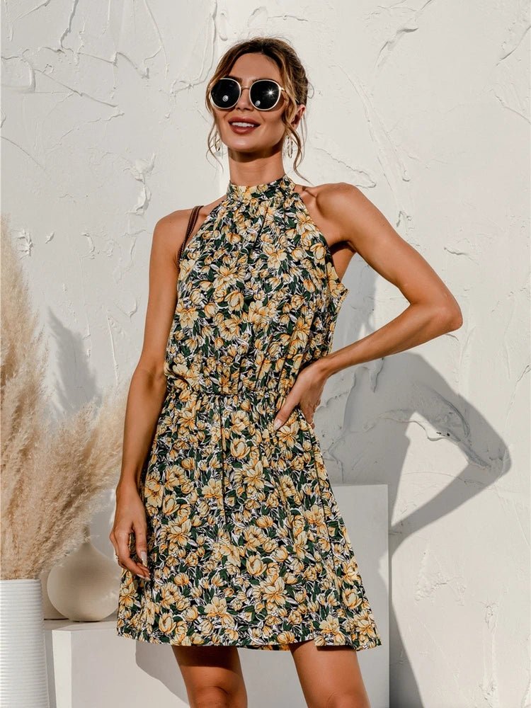 Floral Halter Leopard Print Slim Short Dress Sleeveless Strapless Dress