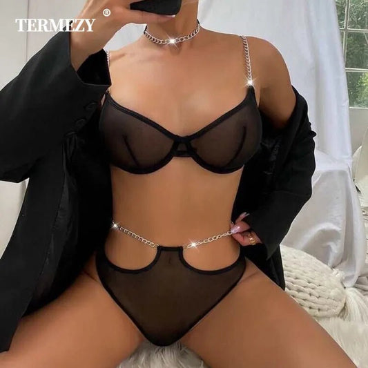 Sexy Ultra Thin Bra Black Panties French Straps Summer Lingerie for Women