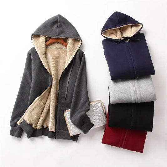Hoodies femininos inverno manter quente engrossar casaco moda sólida manga longa
