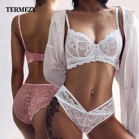 TERMEZY Ultra-thin Cup Bra Sexy French Lace Embroidery Lingerie Women's Underwear Push Up Bralette Fashion Bra Panties Set