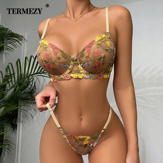 TERMEZY Conjunto de lingerie sexy floral transparente sutiã de renda calcinha sutiã roupa íntima tentação tanga