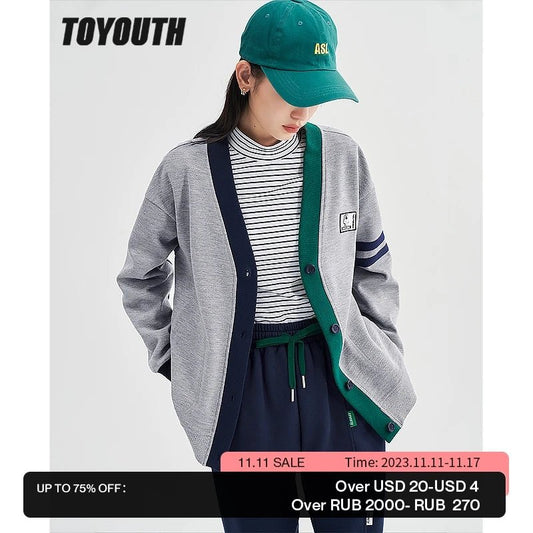 Toyouth Women Thick Coat Long Sleeve V Neck Loose Cardigan Retro Preppy Style Casual Jacket