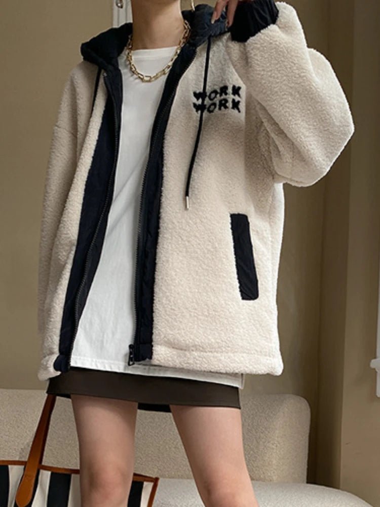 jaqueta de lã granulada, casaco de lã casual, com capuz