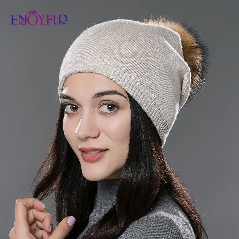 real fur pom pom hats wool knitted thick warm lined beanies